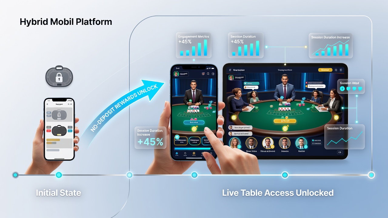 Analytics dashboard displaying player engagement metrics and session flow between slots and live tables on mobile